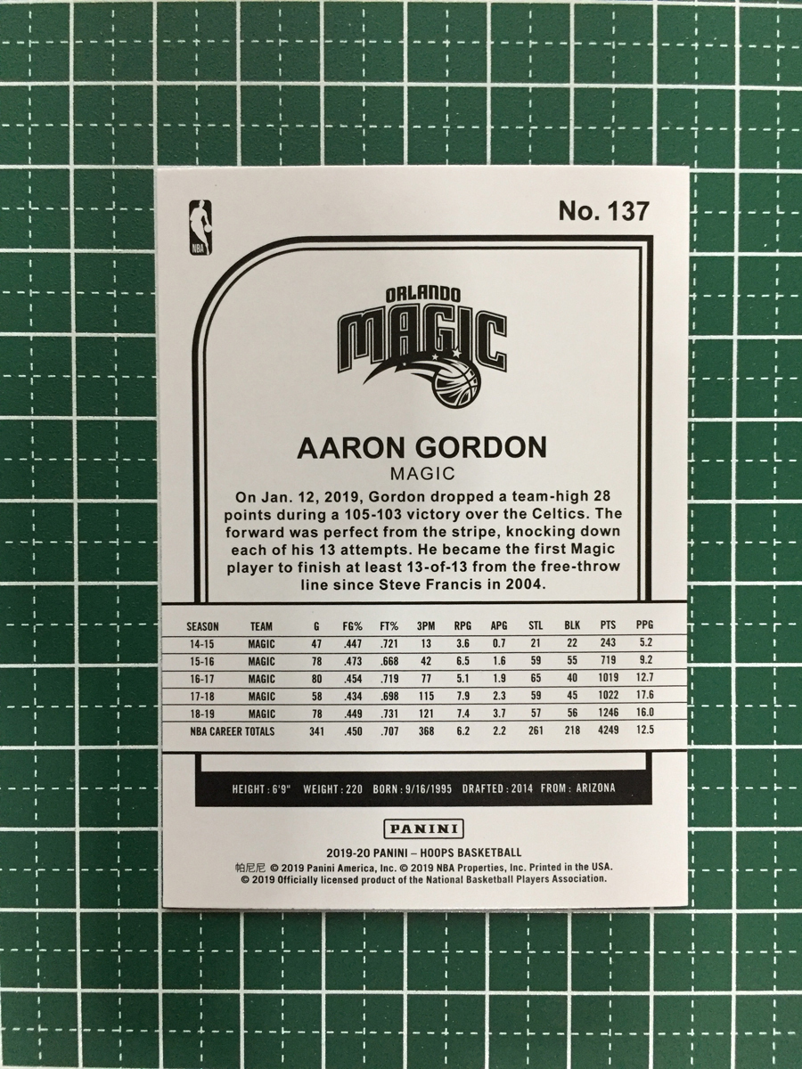 ★PANINI 2019-20 NBA HOOPS #137 AARON GORDON［ORLANDO MAGIC］ベースカード 2020★_画像2