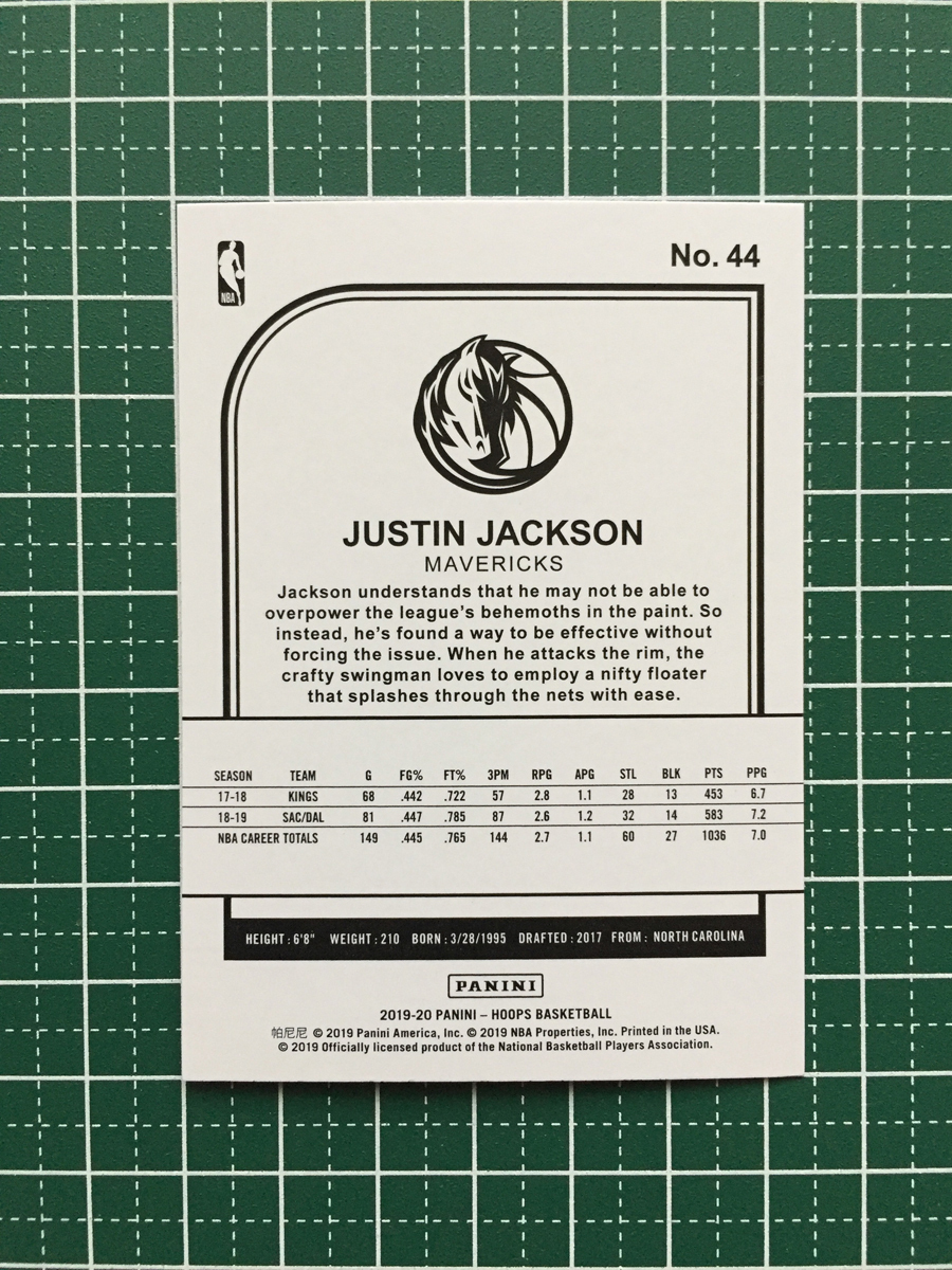 ★PANINI 2019-20 NBA HOOPS #44 JUSTIN JACKSON［DALLAS MAVERICKS］ベースカード 2020★_画像2