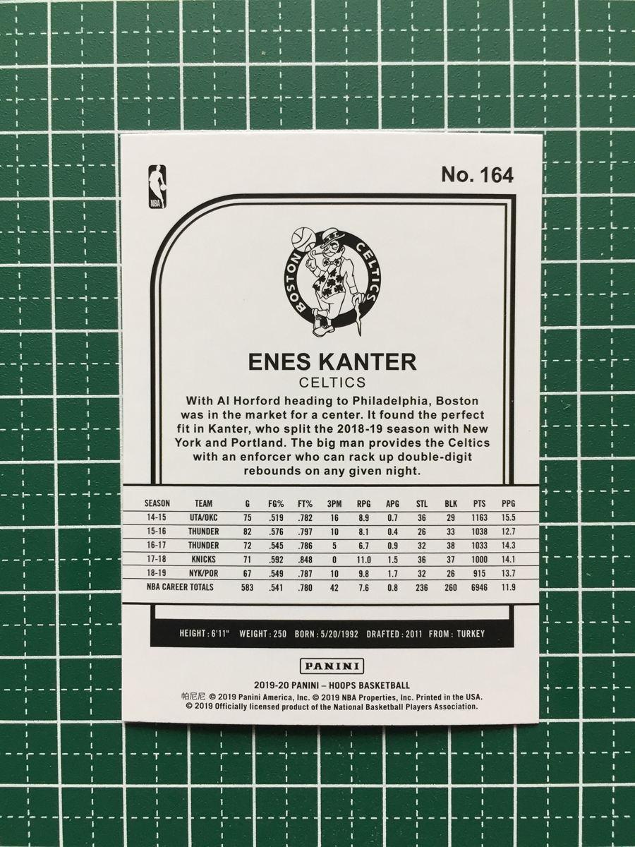 ★PANINI 2019-20 NBA HOOPS #164 ENES KANTER［BOSTON CELTICS］ベースカード 2020★_画像2