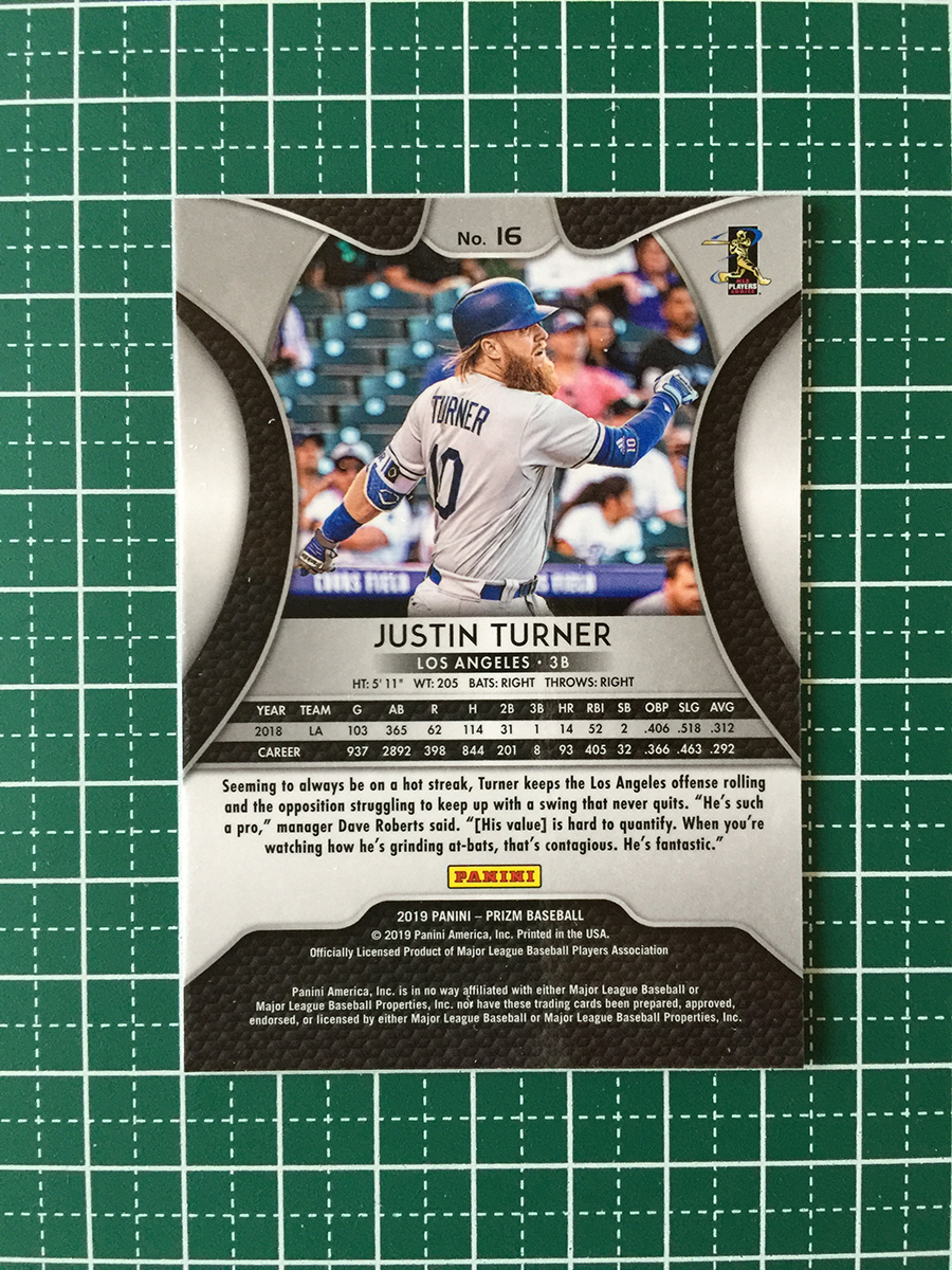 ★PANINI MLB 2019 PRIZM BASEBALL #16 JUSTIN TURNER［LOS ANGELES DODGERS］ベースカード 19★_画像2