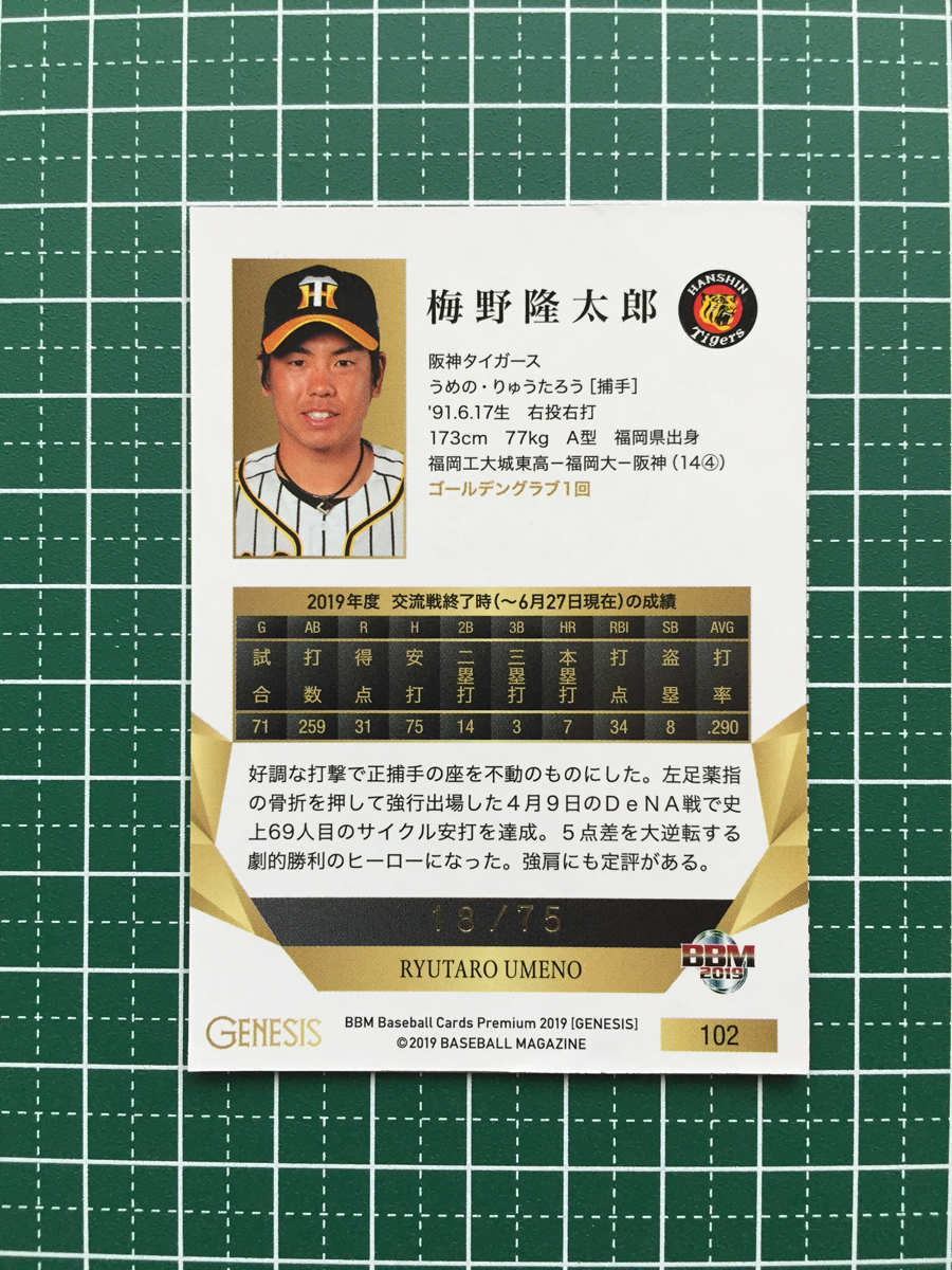 ★BBM 2019 プロ野球 GENESIS ジェネシス #102 梅野隆太郎［阪神タイガース］レギュラーカード 75枚限定 赤箔パラレル版 19★_画像2