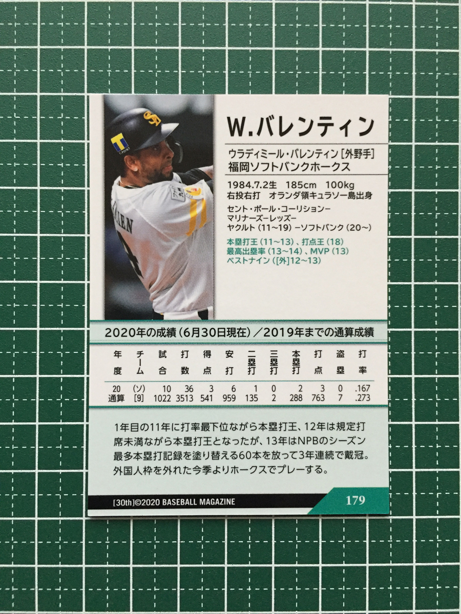 ★BBM 2020 プロ野球 30th ANNIVERSARY #179 バレンティン［福岡ソフトバンクホークス］レギュラーカード 20★_画像2