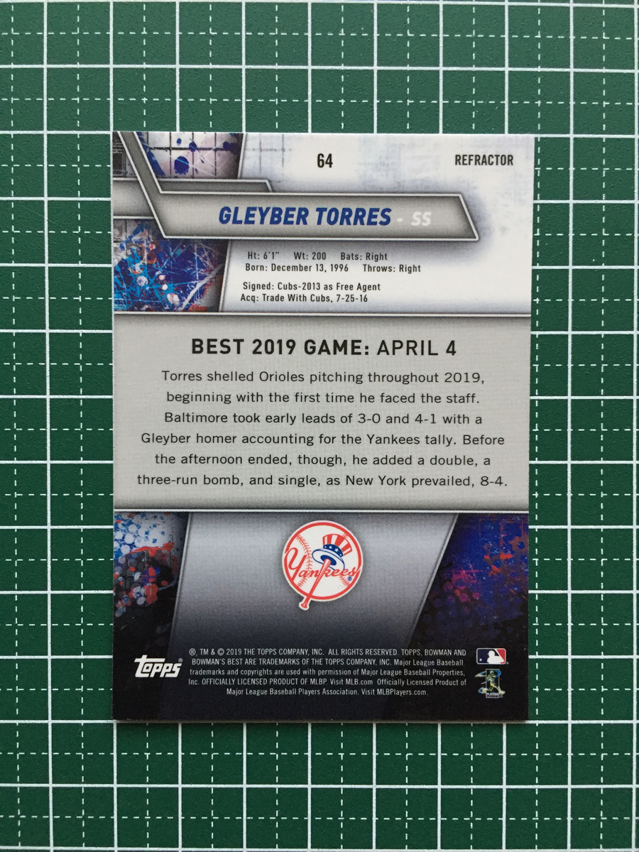 ★TOPPS MLB 2019 BOWMAN'S BEST #64 GLEYBER TORRES［NEW YORK YANKEES］リフラクター パラレル版 19★_画像2