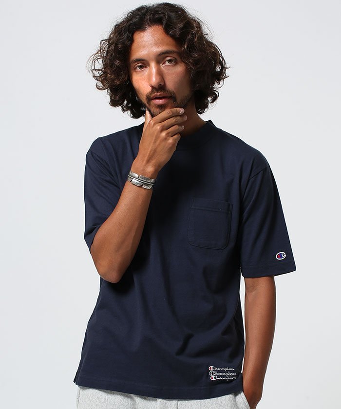 nano universe 別注 champion 半袖モック Tシャツ ナノユニバース チャンピオン NAVY_画像1