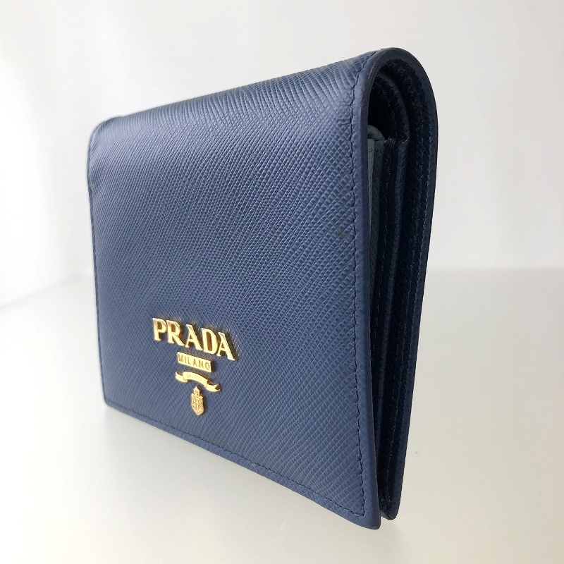 美品 定価50760円 PRADA プラダ サフィアーノ 二つ折り財布 1MV204 ブルー ゴールド金具 小銭入れ有り コンパクト バイカラー_画像5