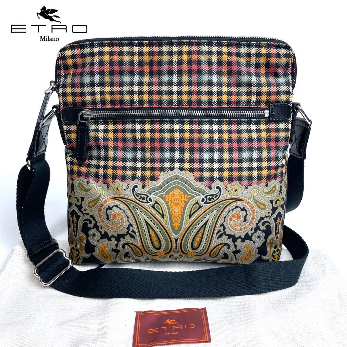 極美品◇ETRO エトロ◇イタリア製 ペイズリー×チェック柄 レザー使い