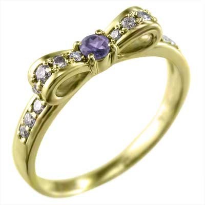 超可爱の K18 指輪 アメジスト ダイヤモンド 2月の誕生石 リボン デザイン アメジスト