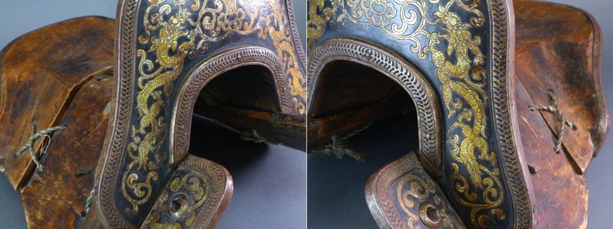  era harness wooden saddle engraving . dragon China horse saddle armor objet d'art era decoration Joseon Dynasty . morning 