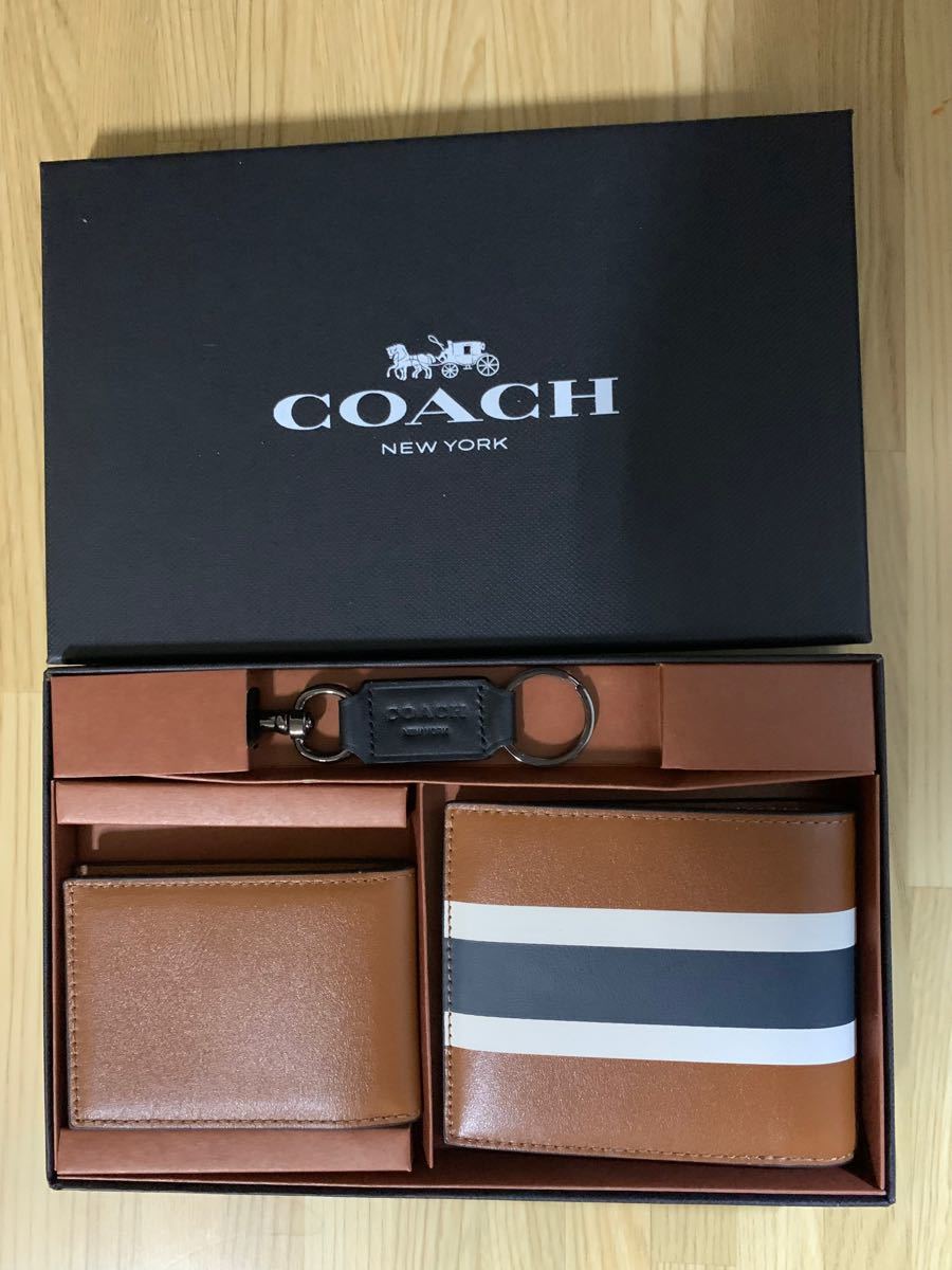 COACH コーチ メンズ ボーダースリーライン 折り財布ギフトボックス 3点セット キーホルダー付き F75086 新品未使用品