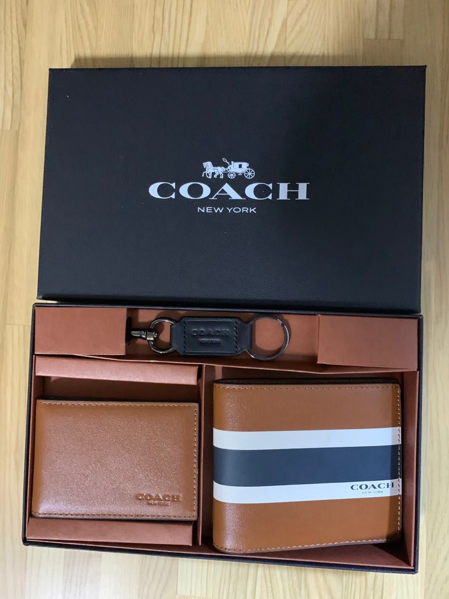 COACH コーチ メンズ ボーダースリーライン 折り財布ギフトボックス 3点セット キーホルダー付き F75086 新品未使用品