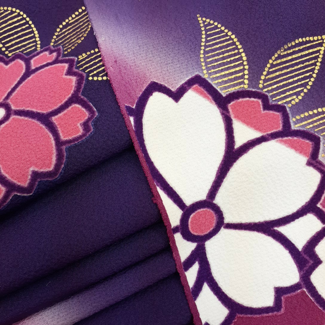 011404　正絹　紫色　ピンク色　花柄　シルク350cm　はぎれ　ハギレ　リメイク　ハンドメイド