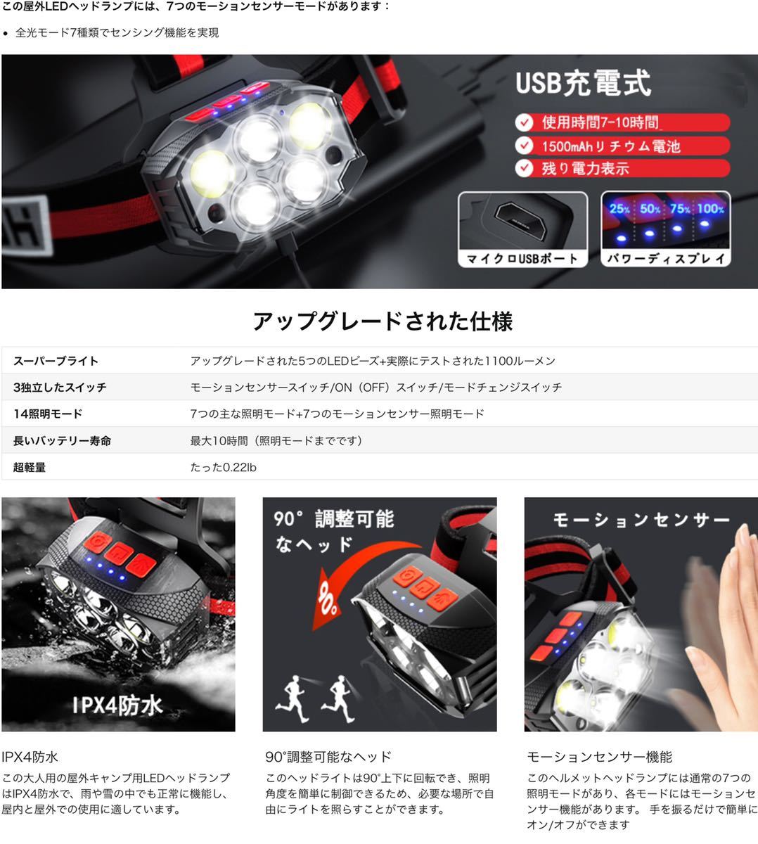 70％OFFアウトレット 3個セット USB充電式 超軽量ヘッドライト LEDヘッドライト 防水