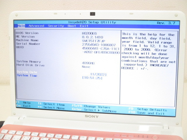 S9870S SONY VAIO SVE151B11N BIOS起動 COREi5 メモリ4GB HDD S9870S SONY VAIO SVE151B11N BIOS起動 COREi5 メモリ4GB HDD