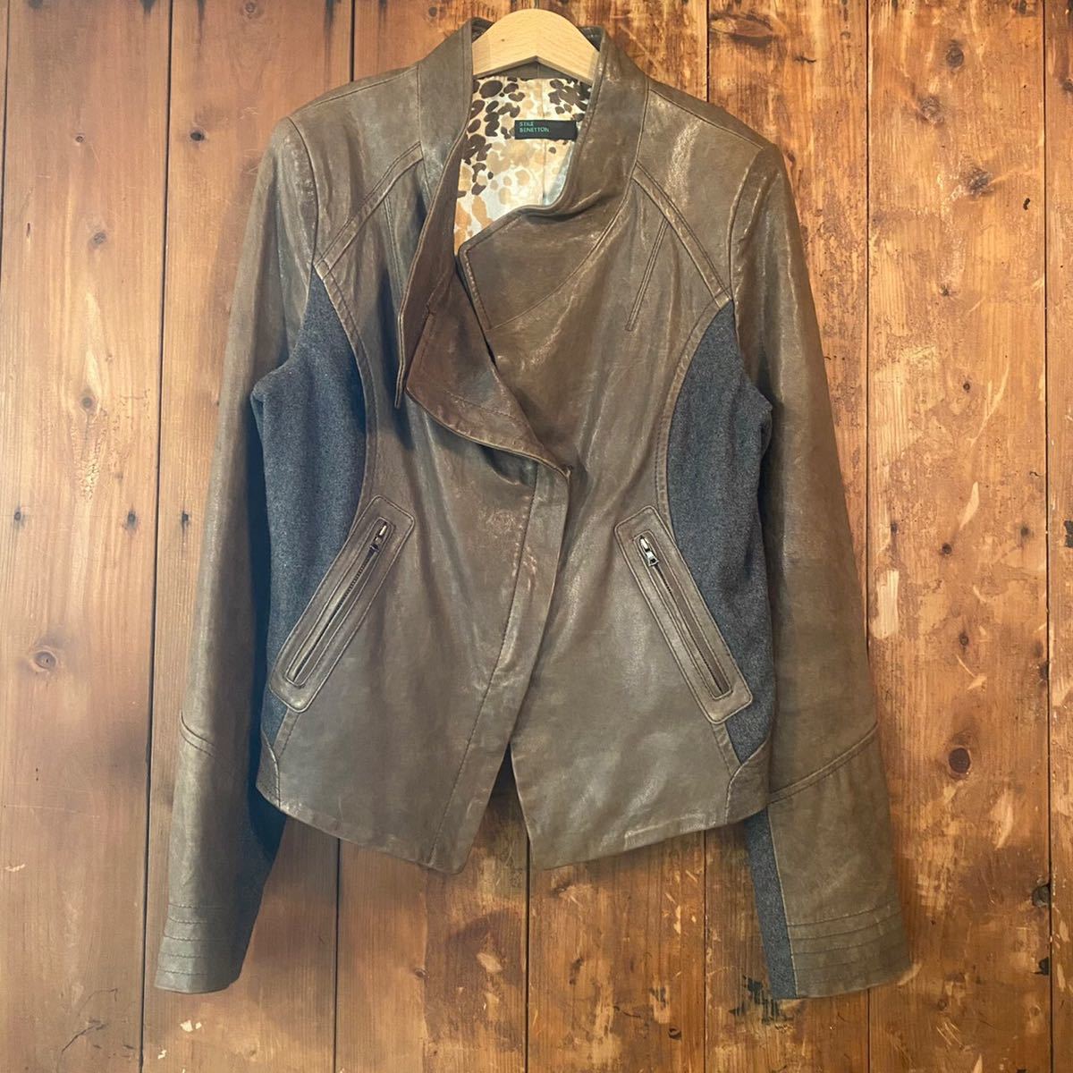 スティーレ ベネトン BENETTON M STILE ウール カーキ ダブル 日本公式 新品同様★本革 ライダーズジャケット 革ジャン レザージャケット