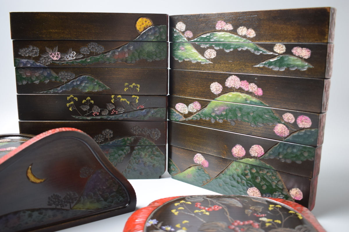 正規品送料無料 G201 川添日記 六段重半月形漆摘草重箱 木製