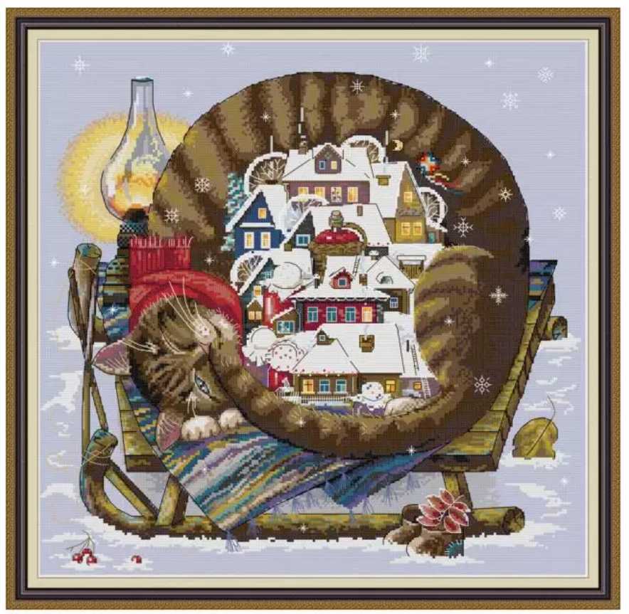 クロスステッチキット 冬と雪に戯れる猫 14CT 図案印刷あり 50×49cm 刺繍