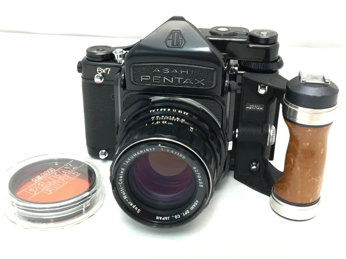 PENTAX 6×7 ウッドグリップ / TAKUMAR 1:2.4/105 中判カメラ カラーフィルターつき ジャンク 中古_画像1