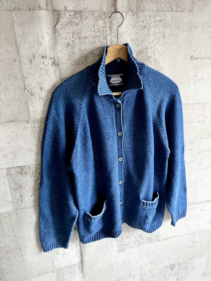 ☆★ 90s〜 ORIGINAL BLUE CLUB INDIGO KNIT CARDIGAN OLD VINTAGE オリジナルブルー クラブインディゴ カーディガン オールド ビンテージ_画像3