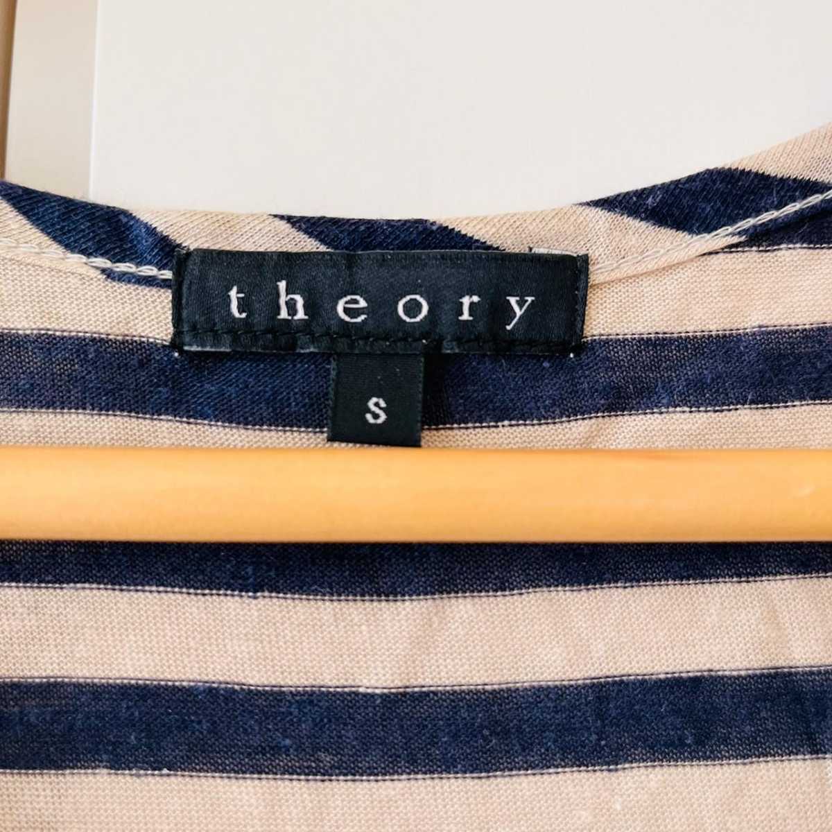 C9030cL 日本製《theory セオリー》サイズS 半袖Tシャツ カットソー チュニック ネイビー×ベージュ ボーダー柄 レディース Aライン 麻混_画像3