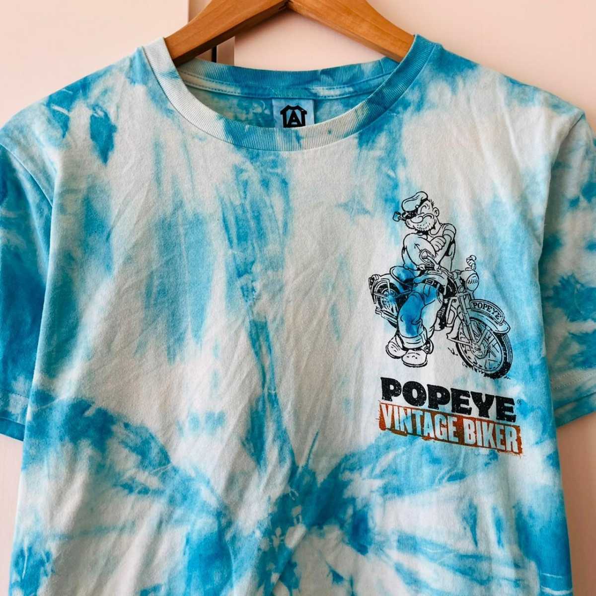 C9059cL アメキャラ《POPEYE ポパイ》サイズM 半袖Tシャツ タイダイ柄 ブルー メンズ 古着 トップバリュ BASE-T プリントTシャツ _画像6