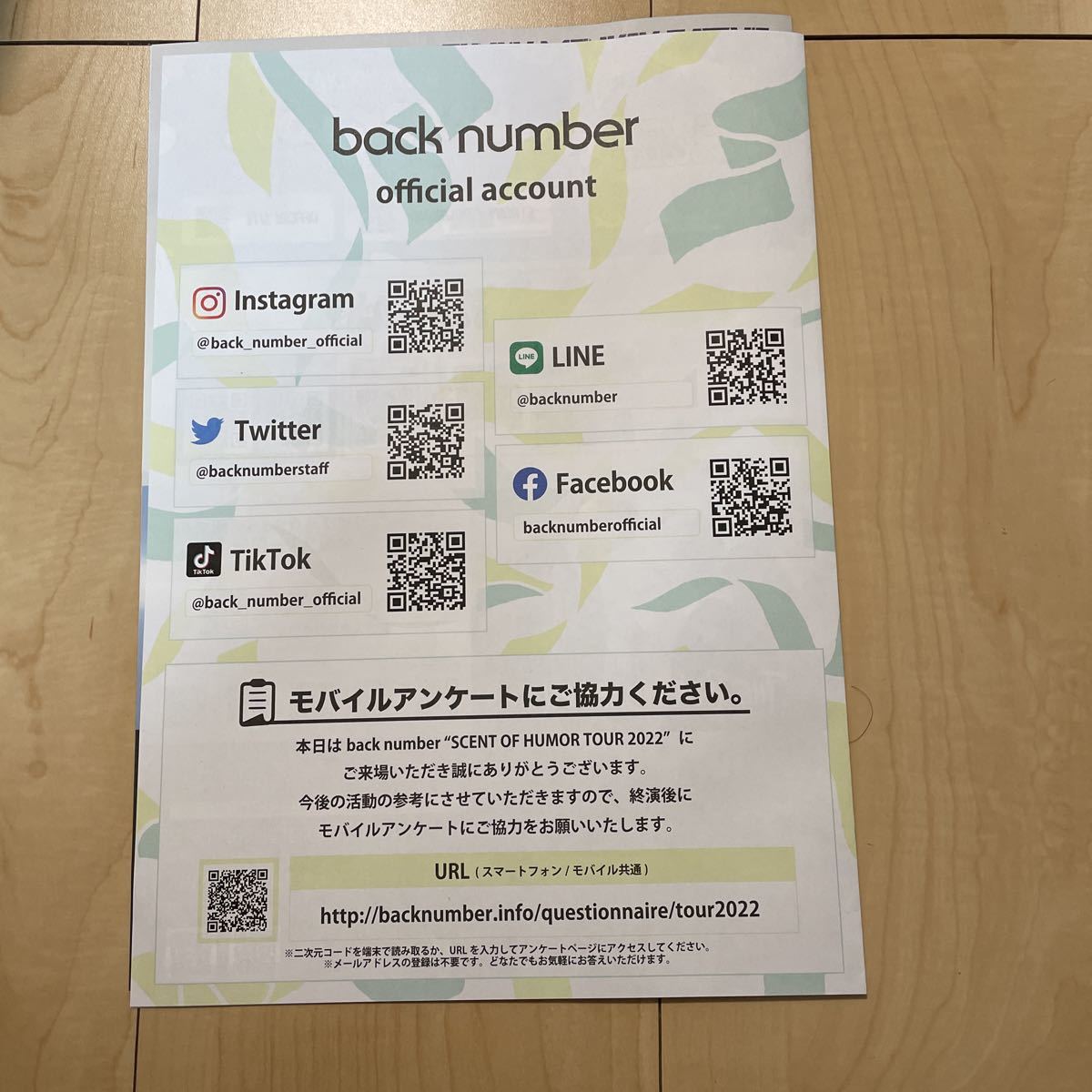 back number SCENT OF HUMOR TOUR 2022 パンフレット バックナンバー サイン印字 フライヤー 非売品 ライブ ツアー グッズ 配布品_画像5