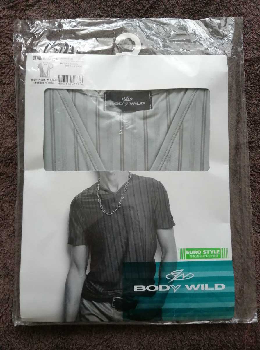 新品未開封☆送料無料☆ＢＯＤＹＷＩＬＤ EUROSTYLE☆サイズL 96〜104　グレー　ストライプ　VネックTシャツ_画像1