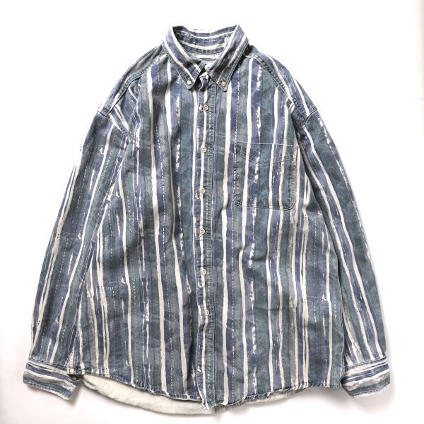 90's USA製 L.L.Bean LLビーン 総柄 ストライプ ボタンダウン デニムシャツ (L) コットン 90年代 アメリカ製 旧タグ オールド_画像2