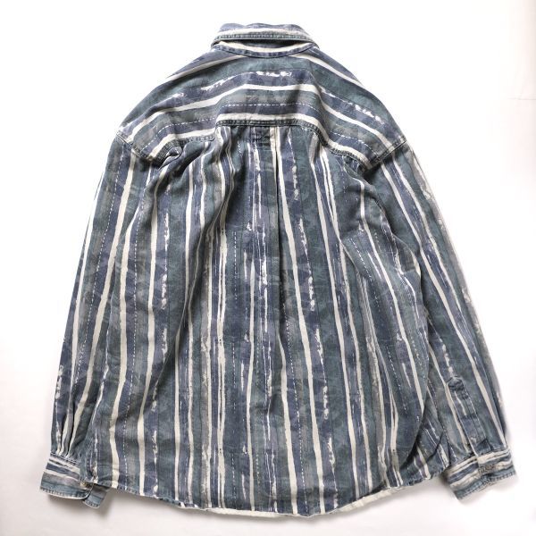 90's USA製 L.L.Bean LLビーン 総柄 ストライプ ボタンダウン デニムシャツ (L) コットン 90年代 アメリカ製 旧タグ オールド_画像3