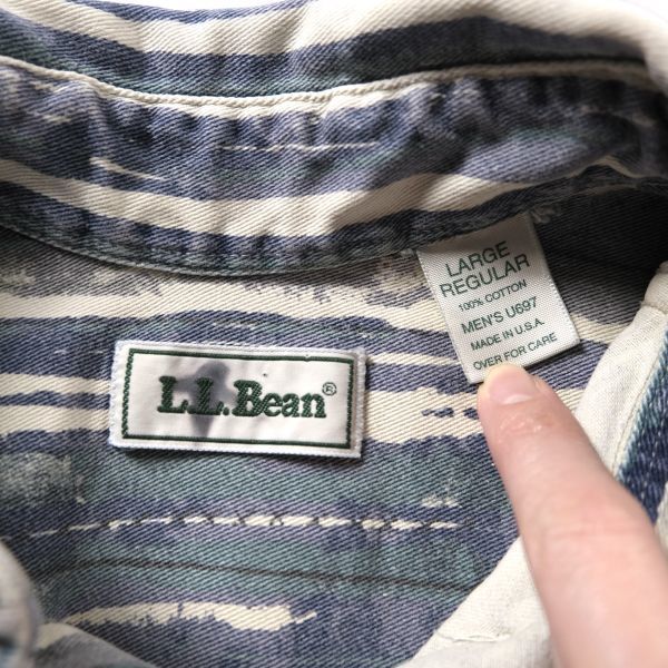 90's USA製 L.L.Bean LLビーン 総柄 ストライプ ボタンダウン デニムシャツ (L) コットン 90年代 アメリカ製 旧タグ オールド_画像9