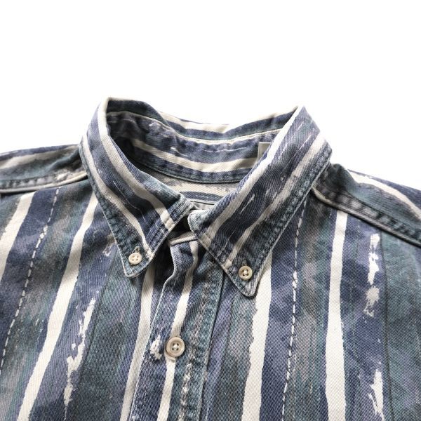 90's USA製 L.L.Bean LLビーン 総柄 ストライプ ボタンダウン デニムシャツ (L) コットン 90年代 アメリカ製 旧タグ オールド_画像8