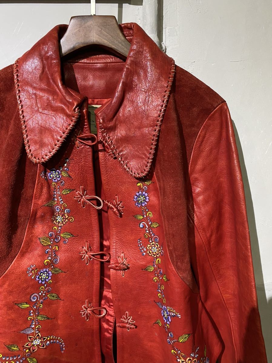 70s char チャー レザー ジャケット ハンドペイント ヒッピー 赤