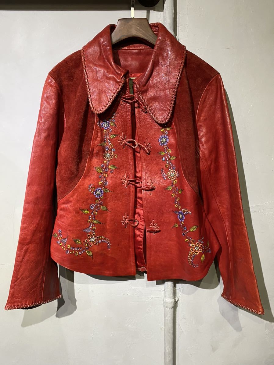 70s char チャー レザー ジャケット ハンドペイント ヒッピー 赤
