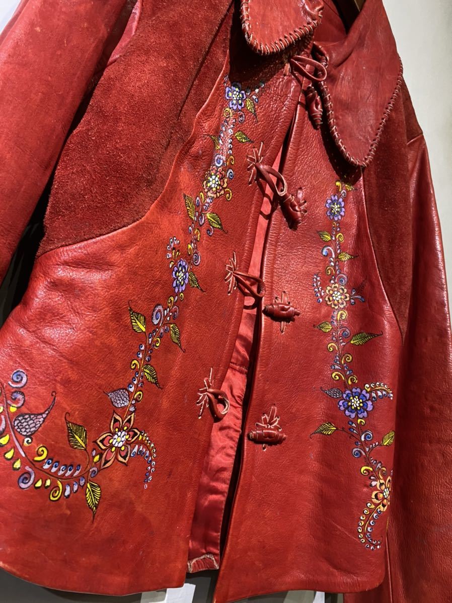 70s char チャー レザー ジャケット ハンドペイント ヒッピー 赤