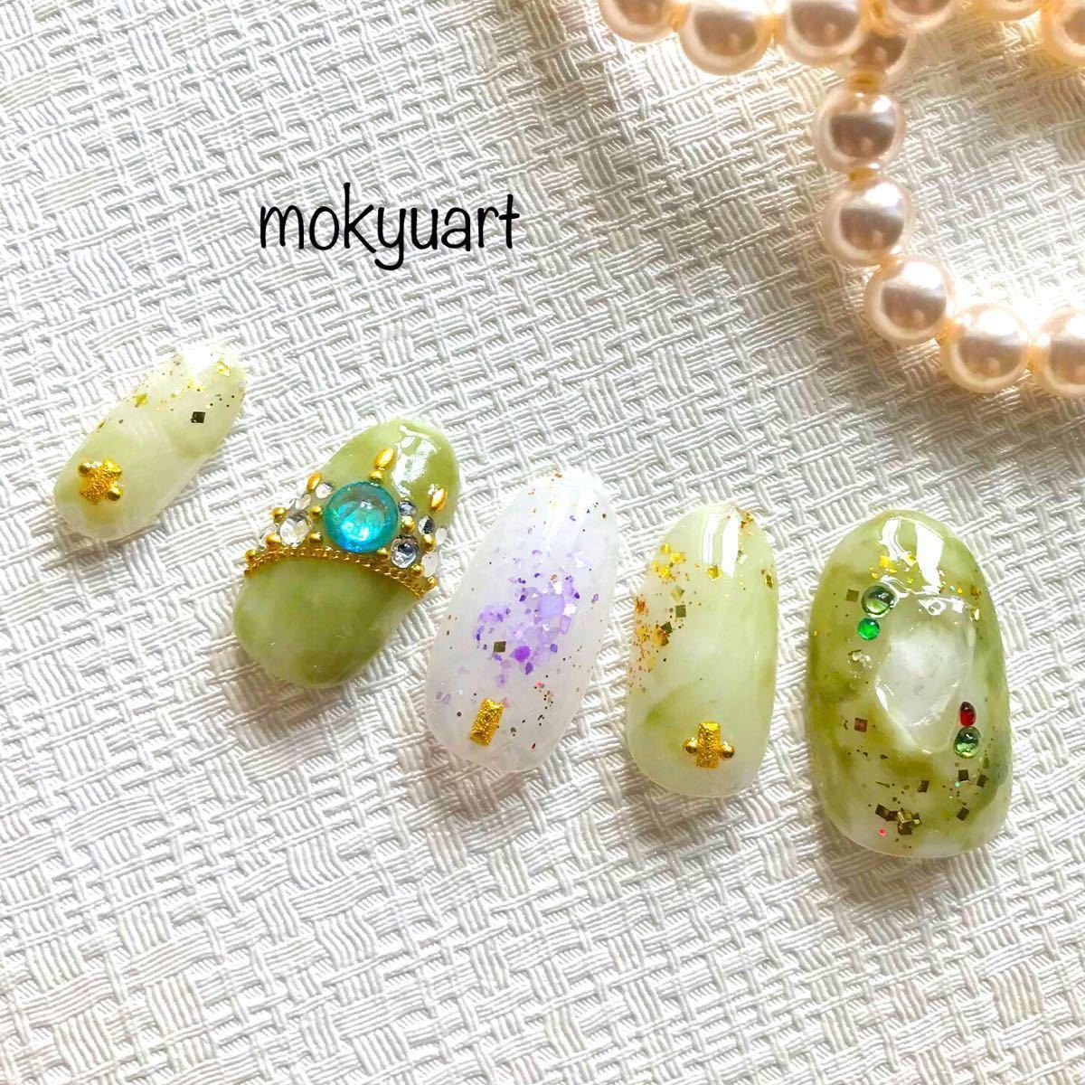 mokyuart51＊開運ネイル　ネイルチップ　ストレス解消　ピスタチオグリーン