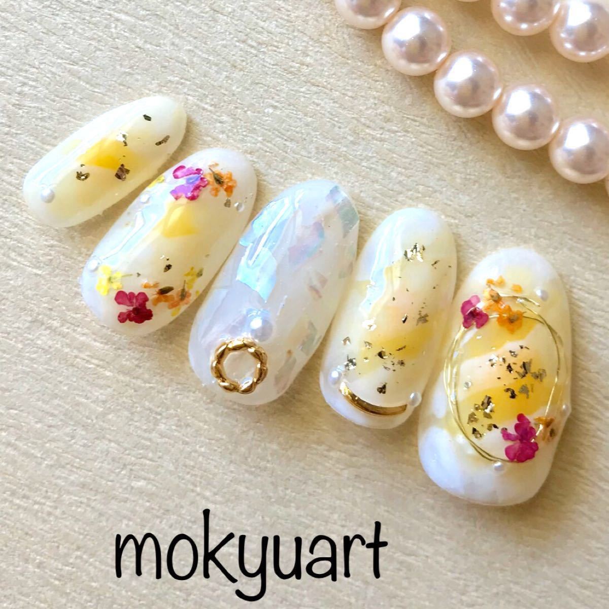 mokyuart12＊押し花 ワイヤー シェル ネイルチップ イエローブライダル