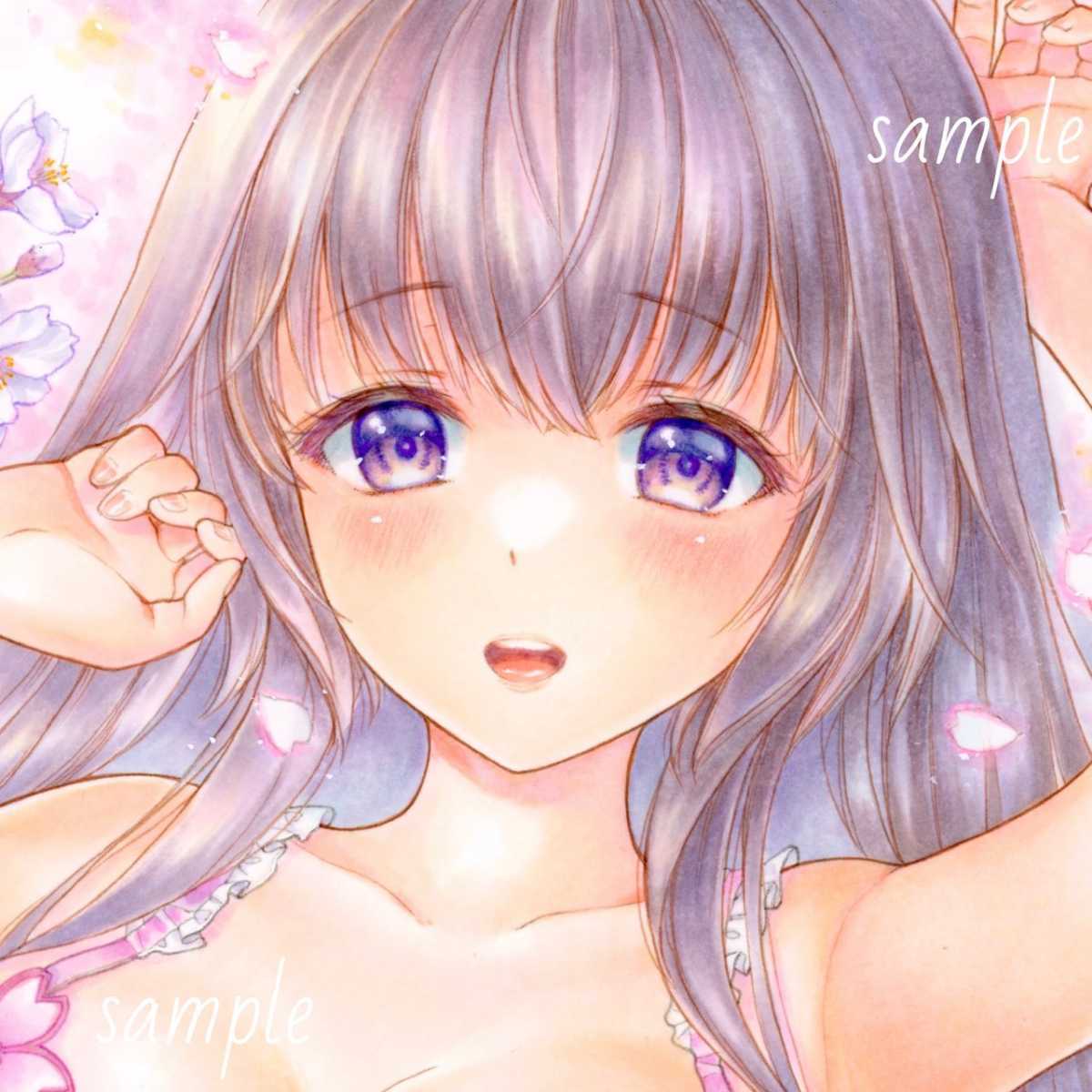 オリジナル 手描きイラスト 桜に包まれる女の子 4月の下着 A4 オリジナル 手描きイラスト 桜に包まれる女の子 4月の下着 A4
