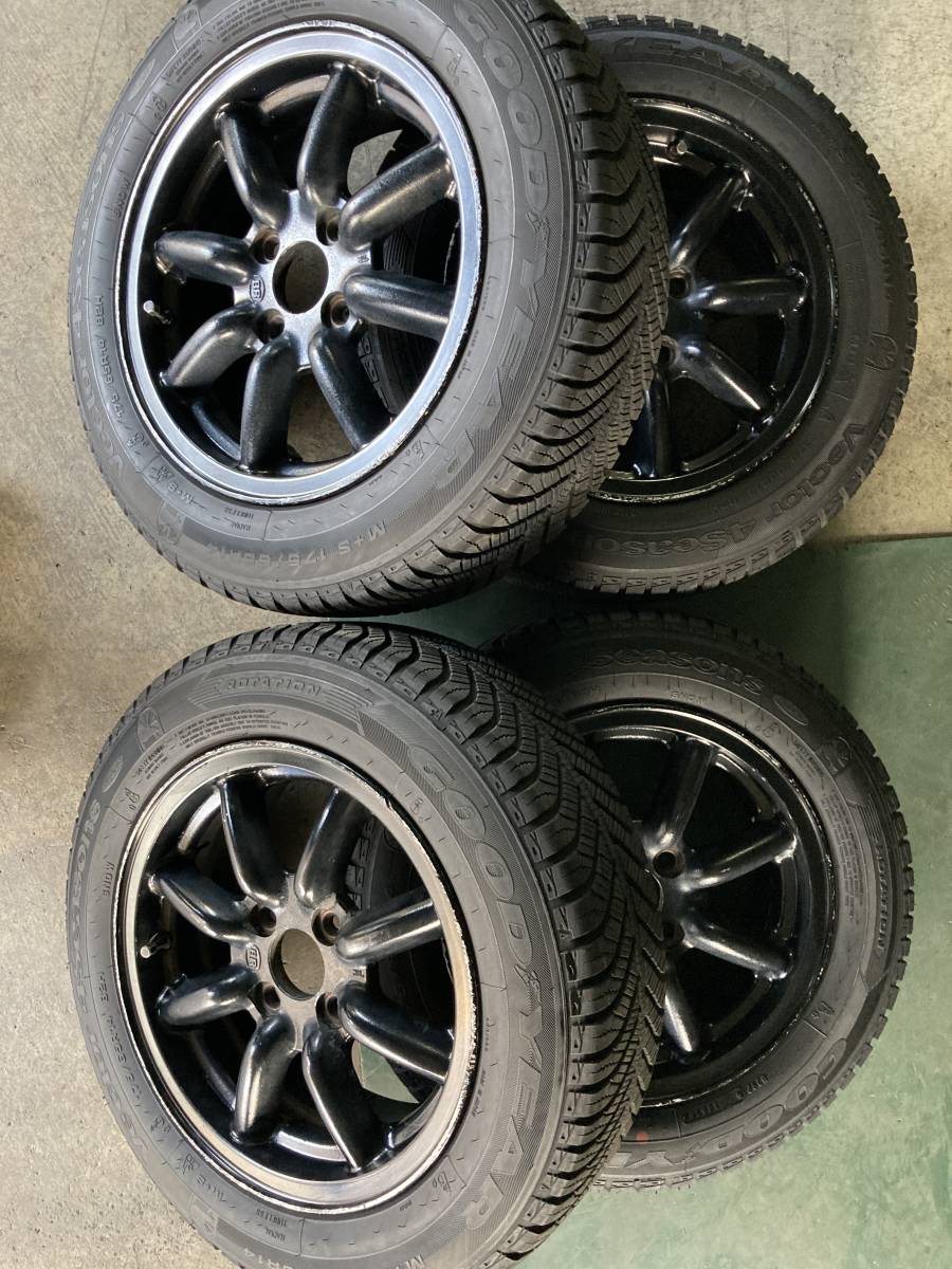 YT)中古アルミ・タイヤ ブラックレーシング 14×6J+40 100/4H グッドイヤー ベクター4シーズンHB 175/65R14 4本_画像1