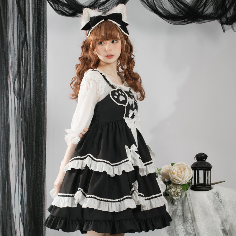  One-piece Лолита платье meido лента classic Monotone elegant юбка кошка кошка лапа . старый способ симпатичный постановка готический серия 