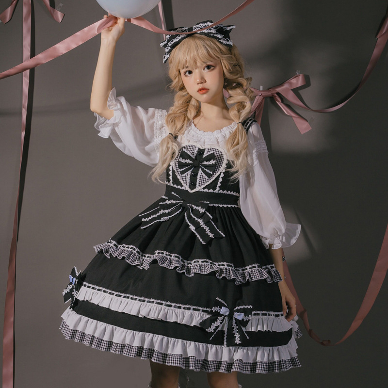  One-piece . Лолита Gothic and Lolita в клетку симпатичный лента оборка Monotone монохромный Schic прохладный Лолита . девочка женский 