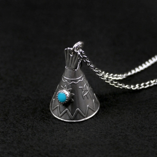  free shipping Vintage Navajo tipi- tent neitib stamp Work turquoise silver? pendant necklace jewelry old clothes 