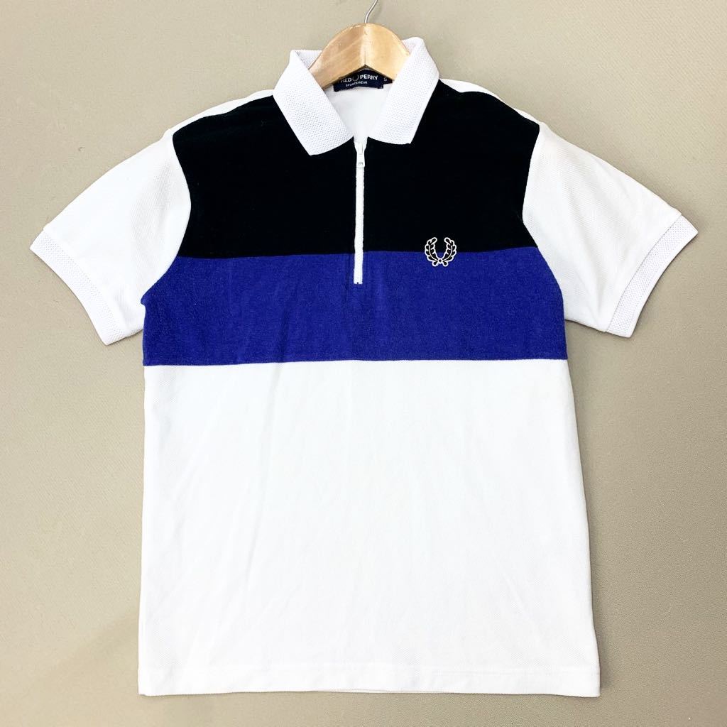 フレッドペリー ☆ FRED PERRY 日本製 メッシュ × タオル地 切替 半袖 ポロシャツ ホワイト ブラック ブルー S 配色＆デザイン◎■F119_画像2