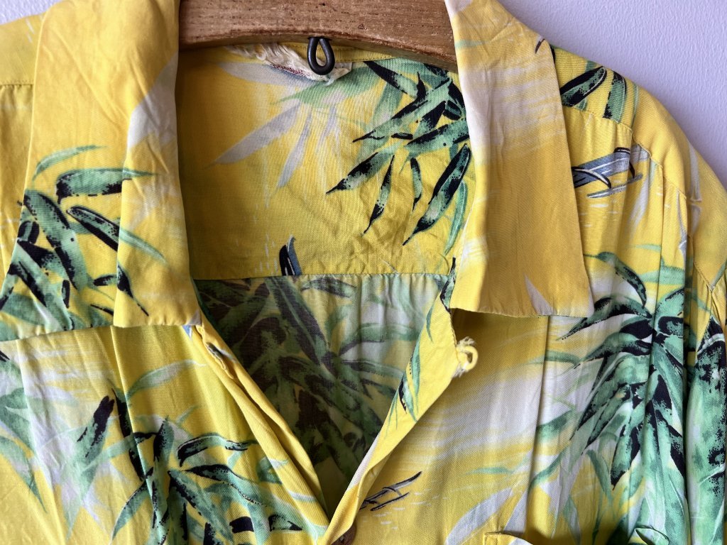 (^w^)b Fuji 50s vintage Bamboo ALOHA フジ ヴィンテージ ハワイアンシャツ レーヨン イエロー バンブー 竹柄アロハシャツオリジナル0036T_画像5