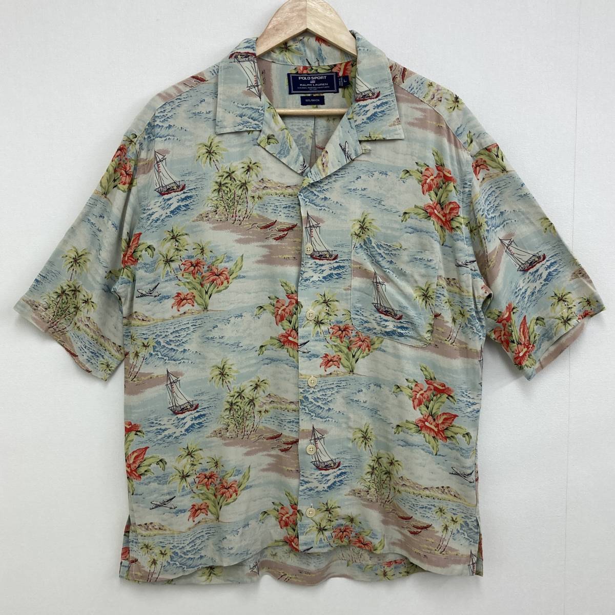 90s POLO SPORT 開襟 レーヨン アロハシャツ メンズ Lサイズ POLO