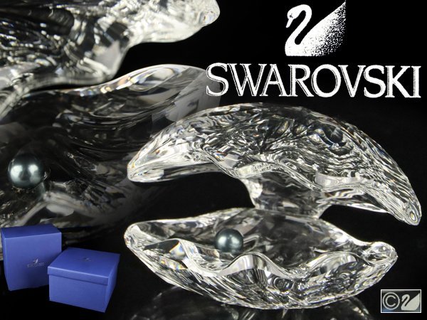 【魁】某名家コレクション 本物保証 SWAROVSKI スワロフスキー クリスタル 大きなパール貝 真珠貝 オブジェ 置物 未使用 箱付