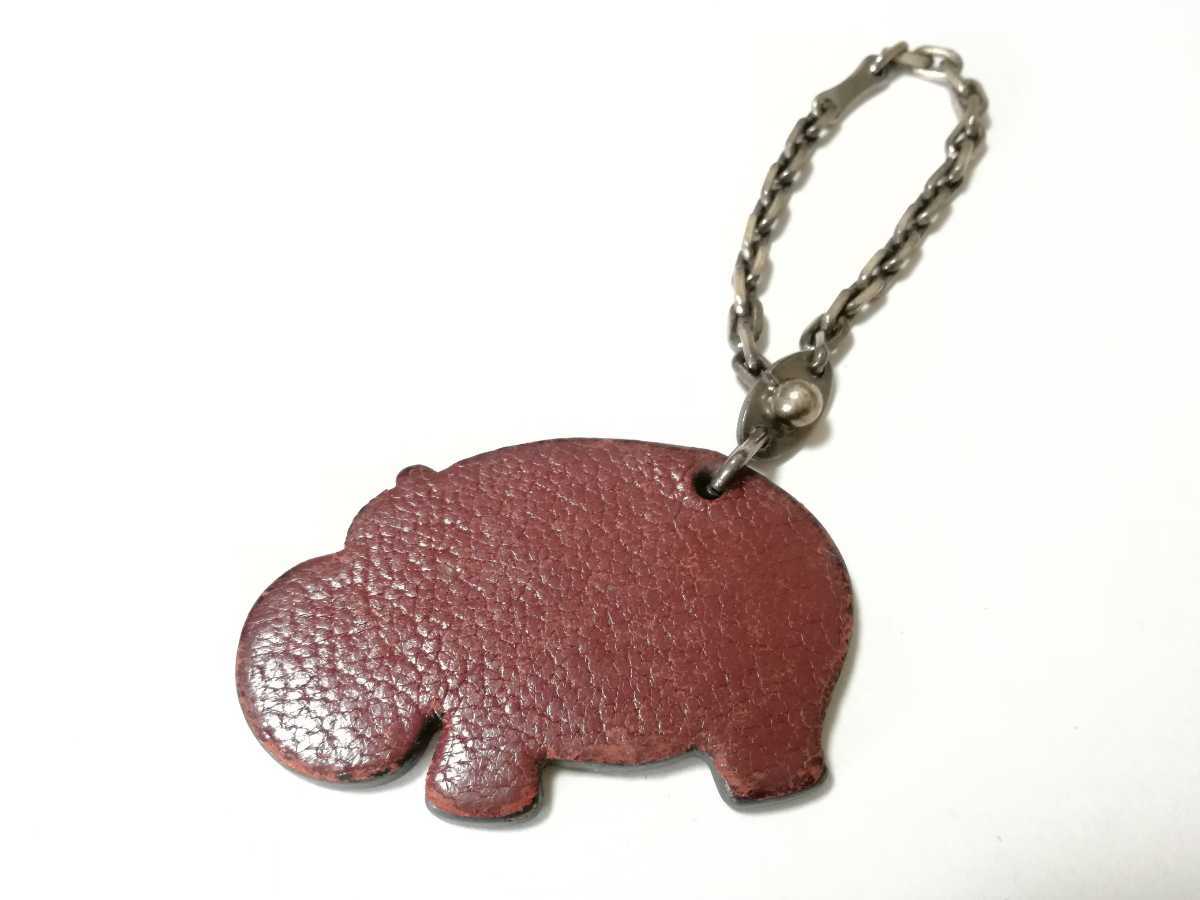 HERMES Hermes charm hippopotamus animal key holder leather dark brown strap 