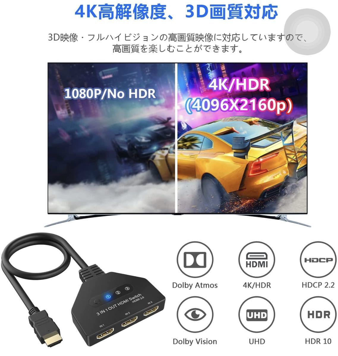 HDMI 切替器 3入力1出力HDMI4Kx2K安定版＆高速HDMIケーブル付き