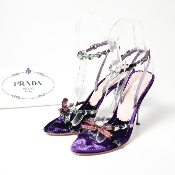 GK3545▽イタリア製*PRADA プラダ*37(23.5cm)*ベロア*リボン*ビジュー