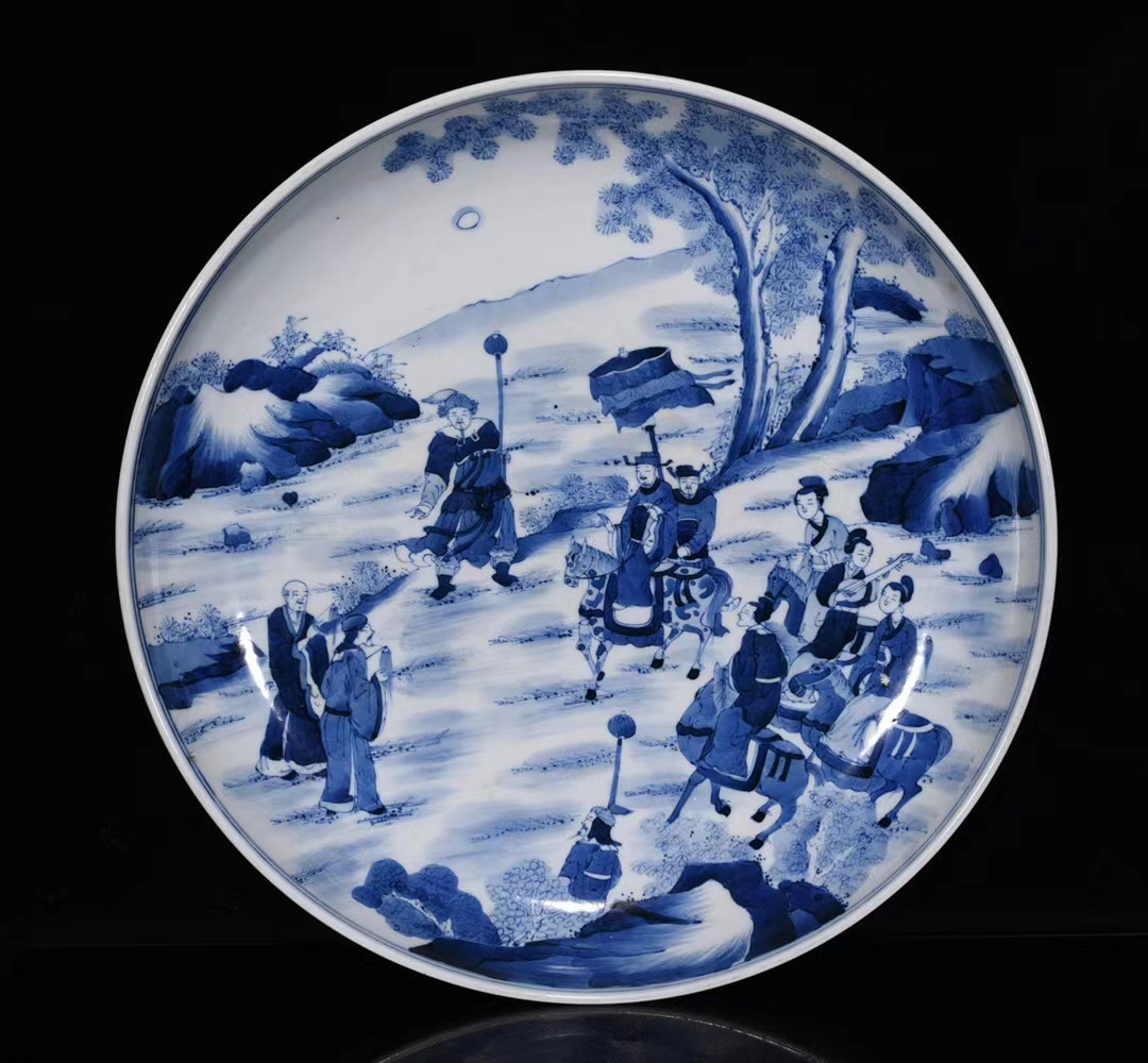 新着 ◇旧蔵◇古美術 清代康熙年製款 青花人物故事紋大盤 時代物 AT08