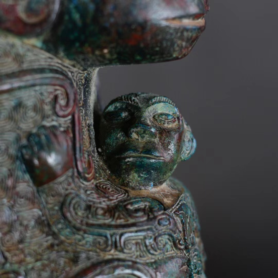 旧蔵 古美術 中国古玩 春秋時期 古銅製 青銅器銘文人面提梁壼 盖鼎 
