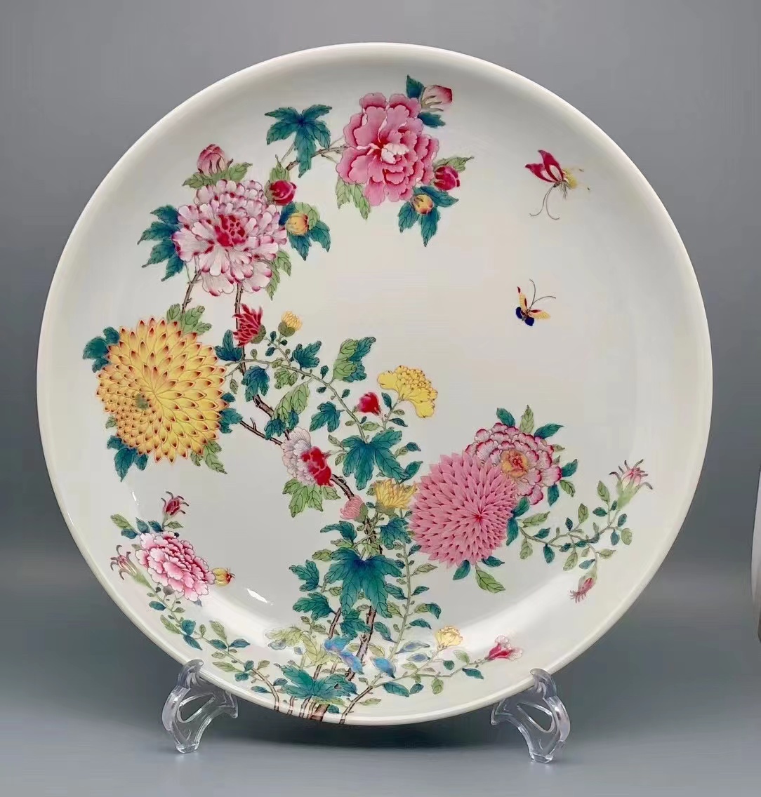 超熱 ◆旧蔵◆古美術 清代雍正年製款 粉彩 牡丹花卉紋大盤　時代物　A39 清